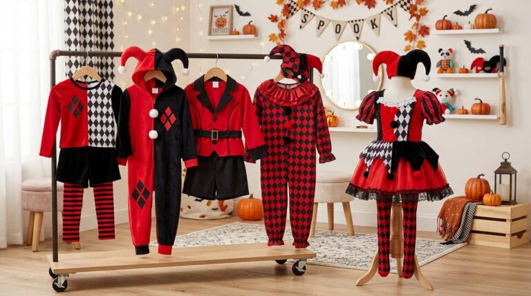 Best Harley Quinn Halloween costumes for kids with red and black jester-style jumpsuits, dress, jacket outfit, and hooded union suit