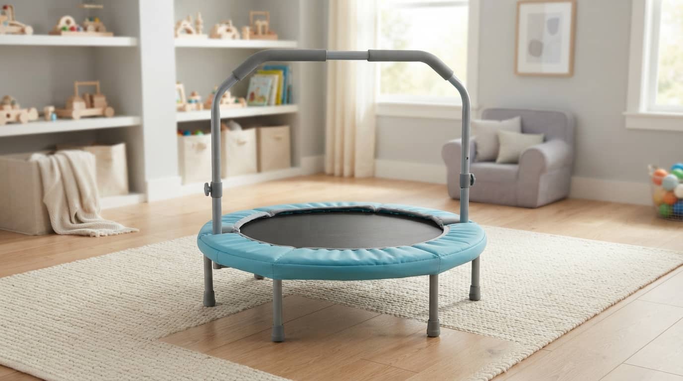 best indoor trampoline for toddlers with a generic mini trampoline in a bright playroom