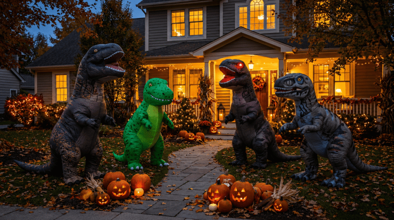 Best inflatable dinosaur costumes for kids with gray, green, black glowing-eye, and realistic-print T-rex costumes in a decorated Halloween yard at dusk