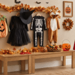 best kids halloween costumes displayed in a festive Halloween entryway with pumpkin, witch, skeleton, animal and superhero-style costumes