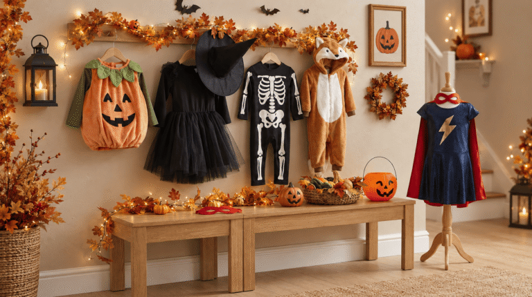 best kids halloween costumes displayed in a festive Halloween entryway with pumpkin, witch, skeleton, animal and superhero-style costumes