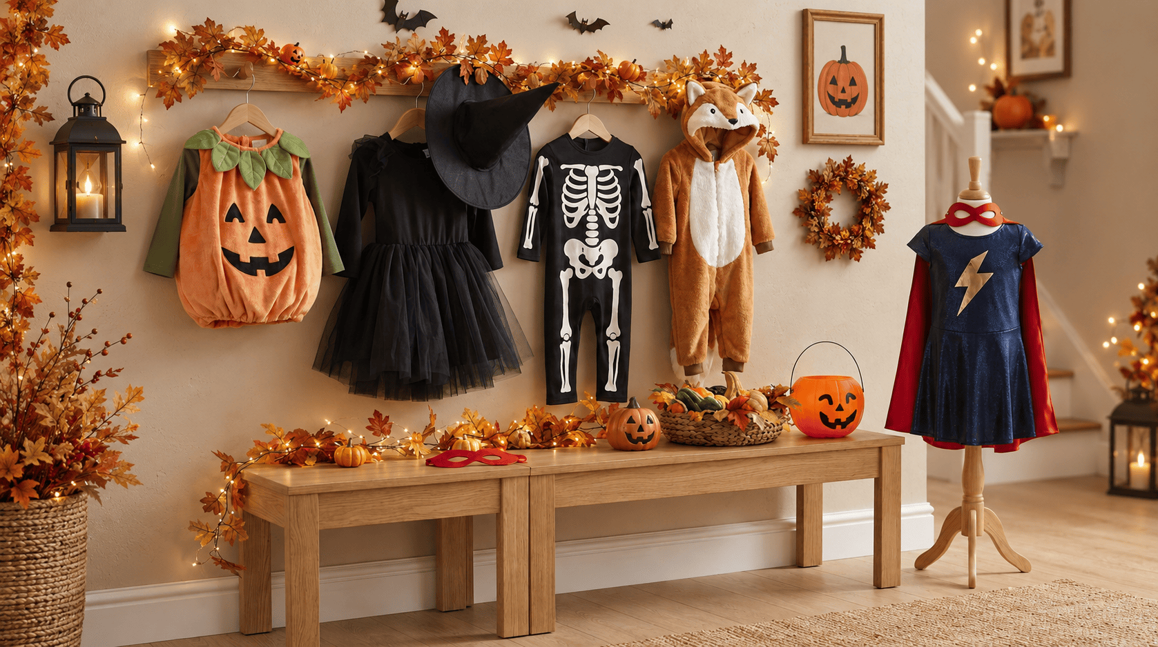 best kids halloween costumes displayed in a festive Halloween entryway with pumpkin, witch, skeleton, animal and superhero-style costumes