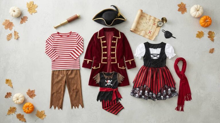 Best pirate Halloween costumes for kids with captain coat, striped outfit, pirate dress, hat, spyglass, treasure map, and Halloween decorations