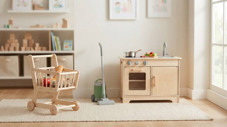best pretend play toys for toddlers with a generic shopping cart, toy vacuum, and play kitchen in a bright playroom