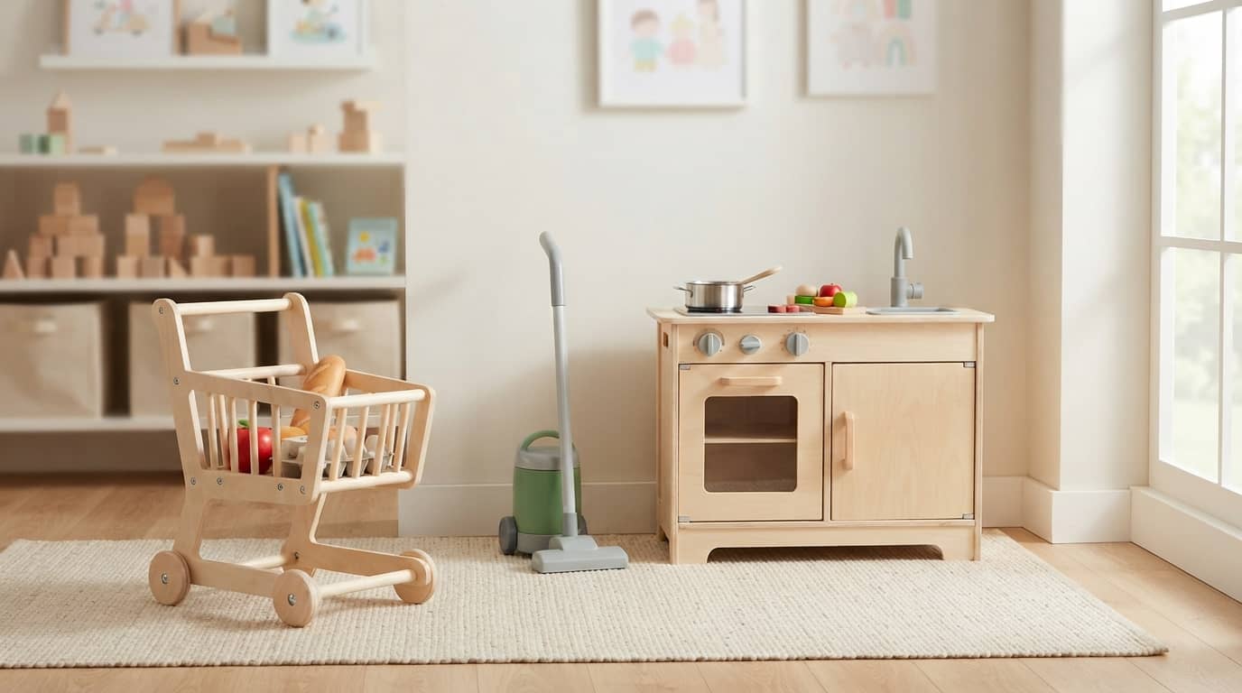 best pretend play toys for toddlers with a generic shopping cart, toy vacuum, and play kitchen in a bright playroom