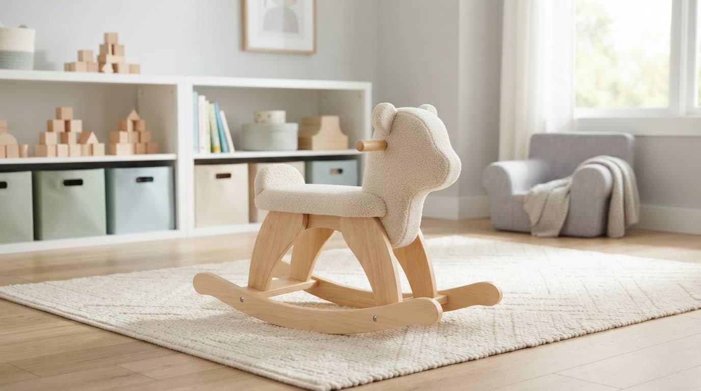 best rocking horse for toddlers with a plush and wooden rocking toy in a bright playroom