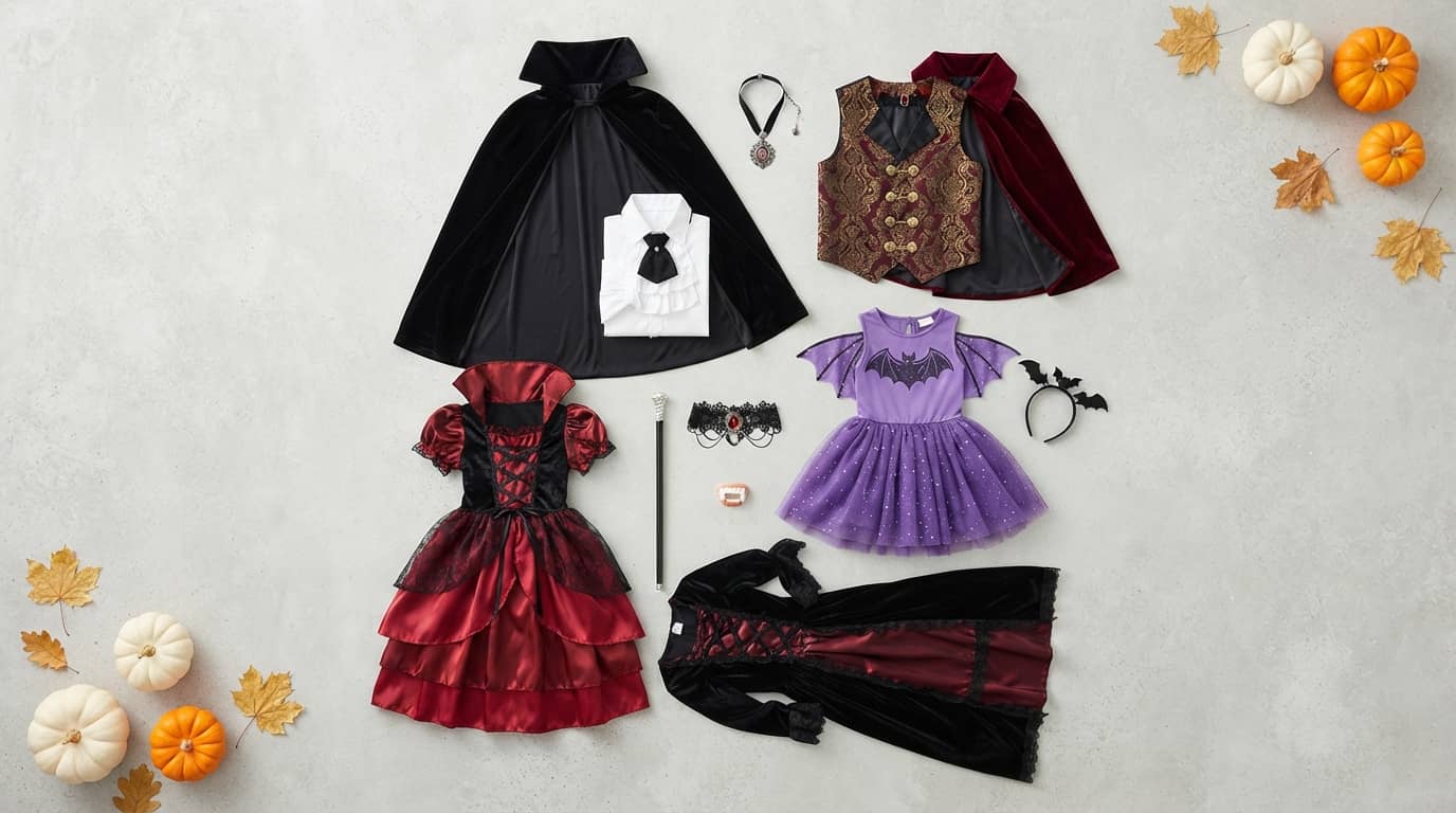 Best vampire Halloween costumes for kids with classic cape, gothic vest, bat-wing dress, red vampire dress, and Victorian gown