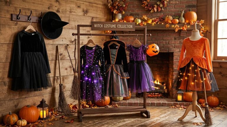 Best witch Halloween costumes for kids with black, purple sequin, shimmer, and orange light-up witch dresses with hats and brooms