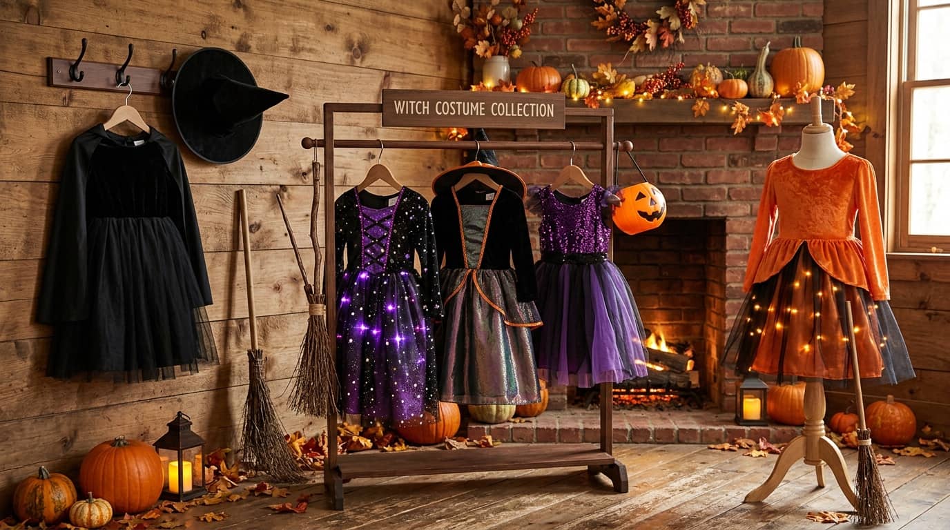 Best witch Halloween costumes for kids with black, purple sequin, shimmer, and orange light-up witch dresses with hats and brooms