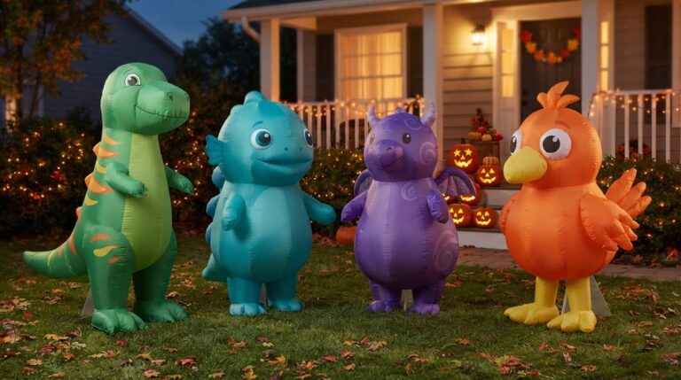 inflatable halloween costumes for kids displayed in a festive front yard with generic dinosaur, fantasy animal and bird designs