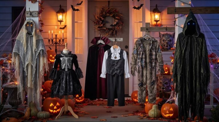 scary halloween costumes for kids displayed on a decorated Halloween porch with ghost, skeleton, vampire, werewolf and hooded costume styles