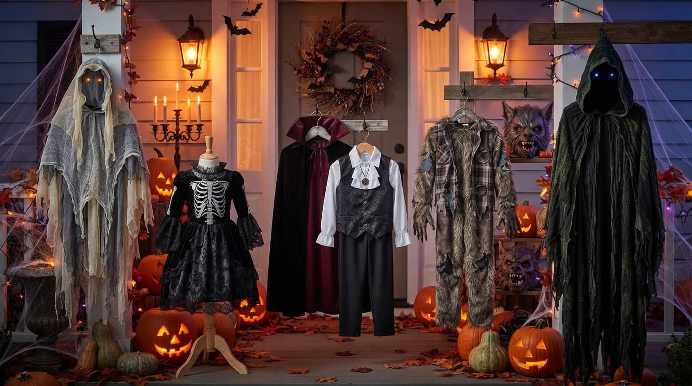 scary halloween costumes for kids displayed on a decorated Halloween porch with ghost, skeleton, vampire, werewolf and hooded costume styles