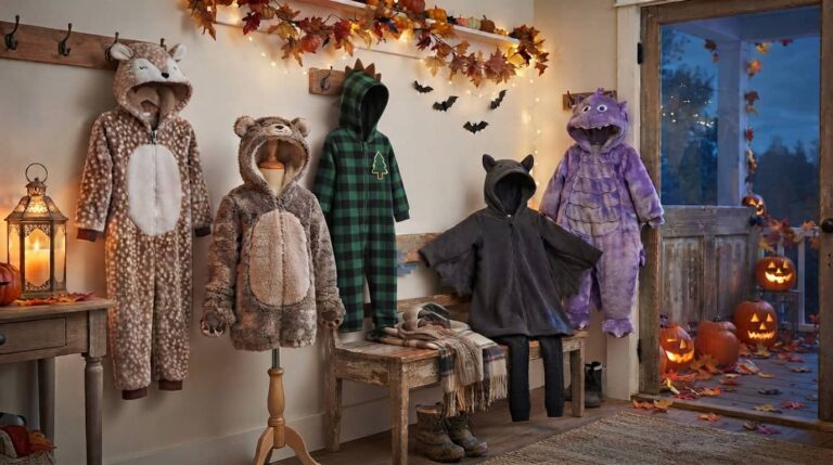 warm halloween costumes for kids displayed in a cozy fall entryway with fleece and plush animal costumes