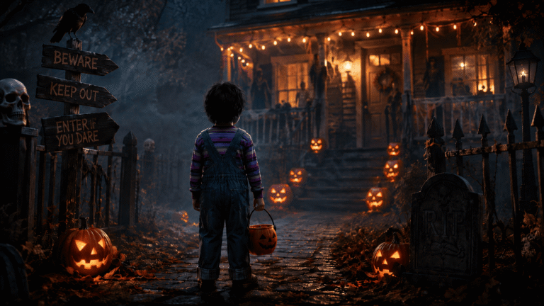 Chucky Halloween costume inspired child in overalls walking toward a spooky Halloween house
