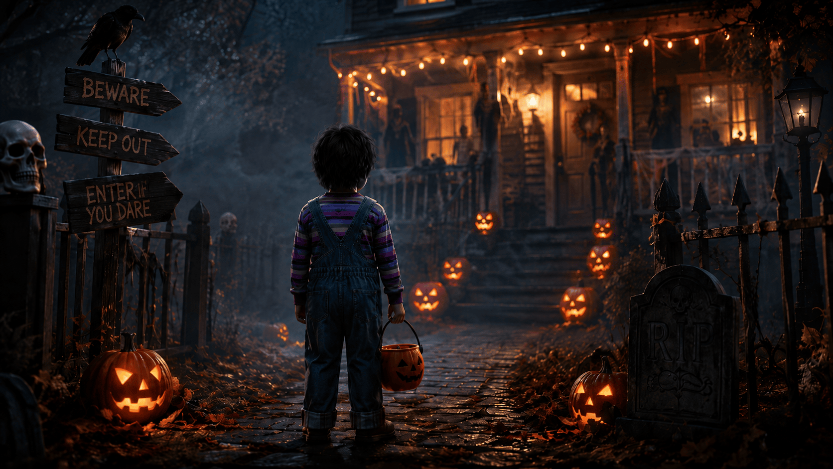Chucky Halloween costume inspired child in overalls walking toward a spooky Halloween house