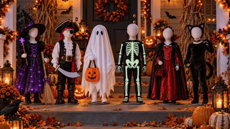 Classic kids Halloween costumes including witch, pirate, ghost, skeleton, vampire and black cat