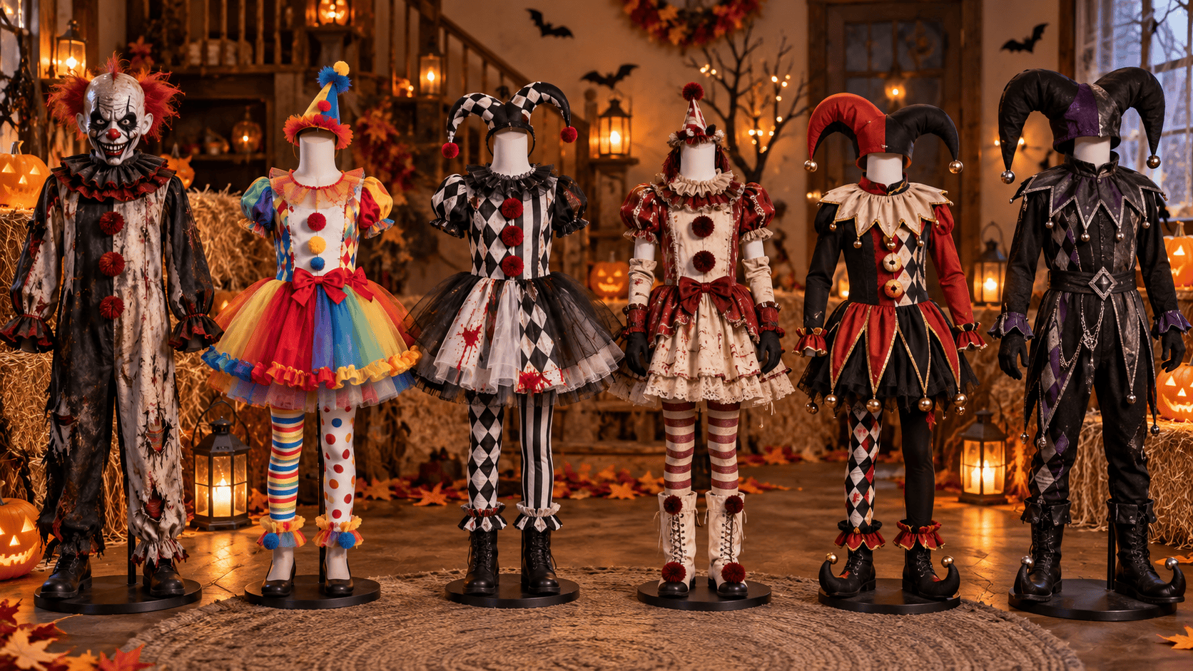 Clown Halloween costumes for kids displayed on mannequins in colorful, scary, and jester styles