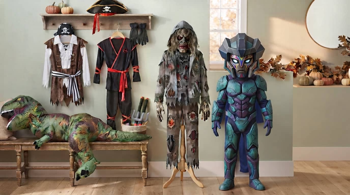 Cool Halloween costumes for boys including pirate, ninja, zombie, dinosaur, and video game inspired styles