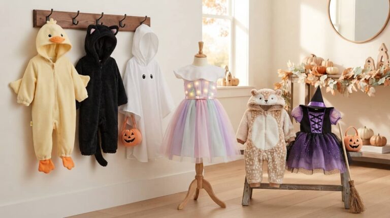 Cute Halloween costumes for toddler girls including duck, black cat, ghost, princess, fuzzy animal, and witch styles