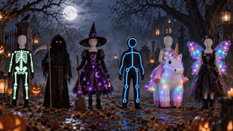 Glow in the dark Halloween costumes displayed on mannequins in a spooky moonlit Halloween scene