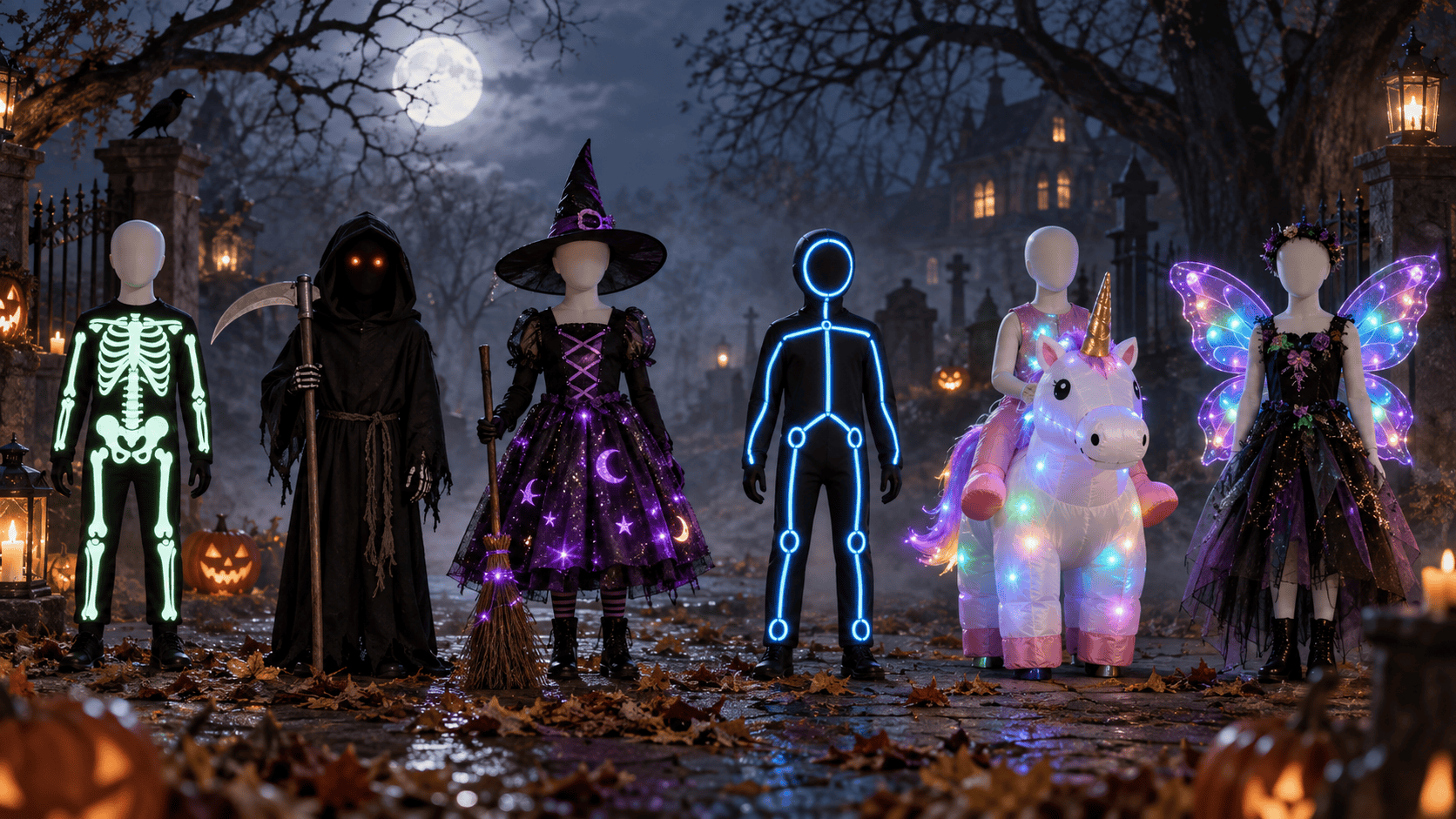Glow in the dark Halloween costumes displayed on mannequins in a spooky moonlit Halloween scene
