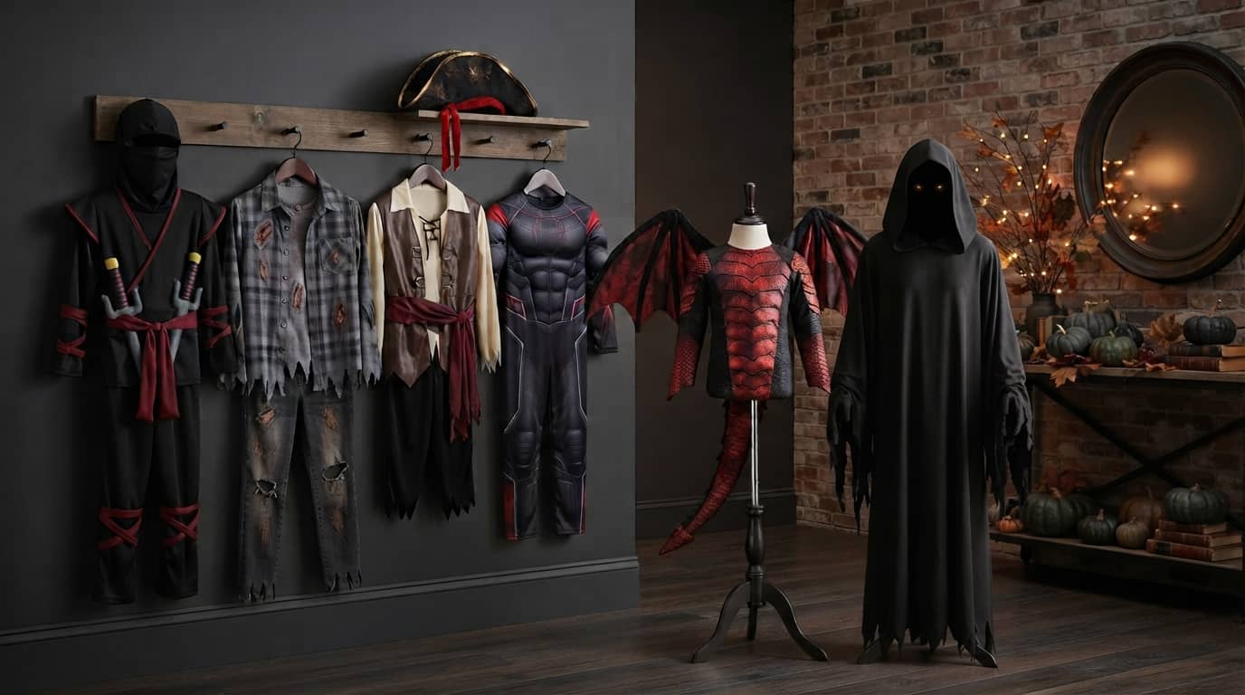 Halloween costumes for 10 year old boys displayed as ninja, zombie, pirate, superhero, dragon, and hooded Grim Reaper styles.