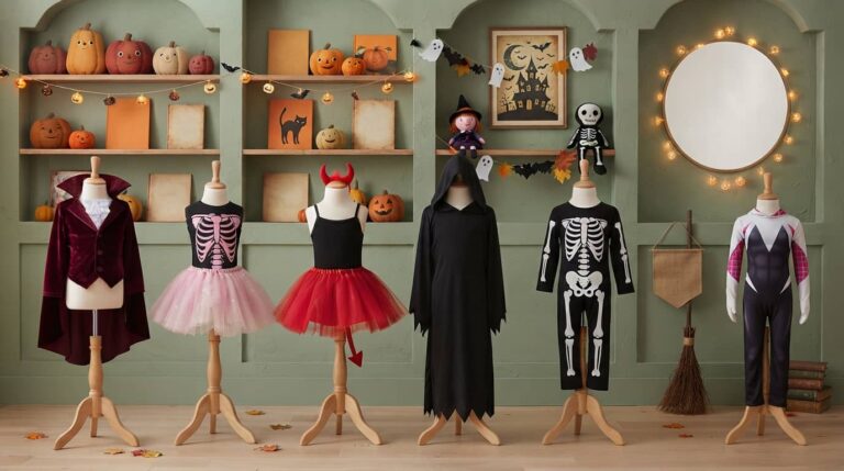 Halloween costumes for 10 year old girls displayed on mannequins in six different styles