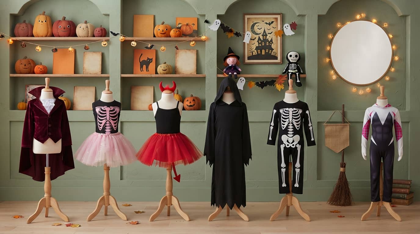Halloween costumes for 10 year old girls displayed on mannequins in six different styles
