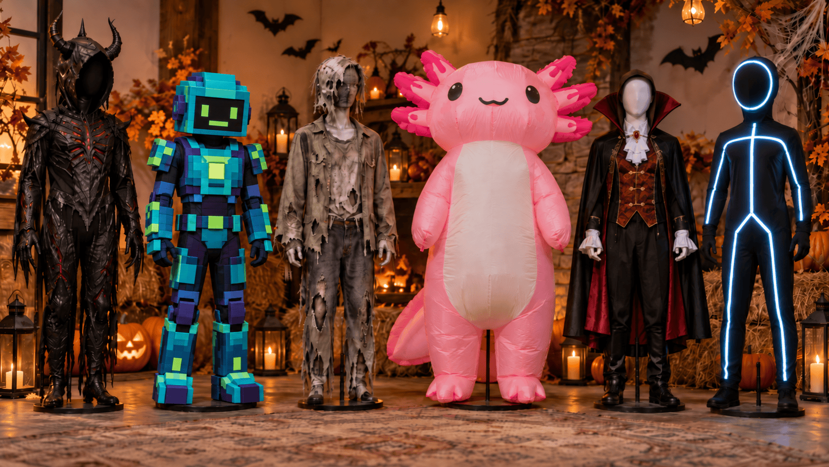 Halloween costumes for 10 year olds displayed on mannequins in six different styles