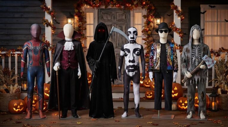 Halloween costumes for 12 year old boys displayed on mannequins on a spooky Halloween porch
