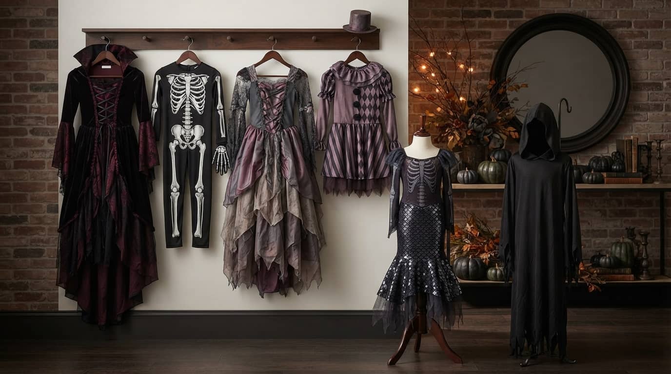 Halloween costumes for 12 year old girls displayed on hangers and mannequins, including vampire, skeleton, haunted princess, mermaid, jester, and hooded reaper styles.