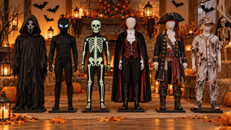 Halloween costumes for 12 year olds displayed on mannequins in six different styles