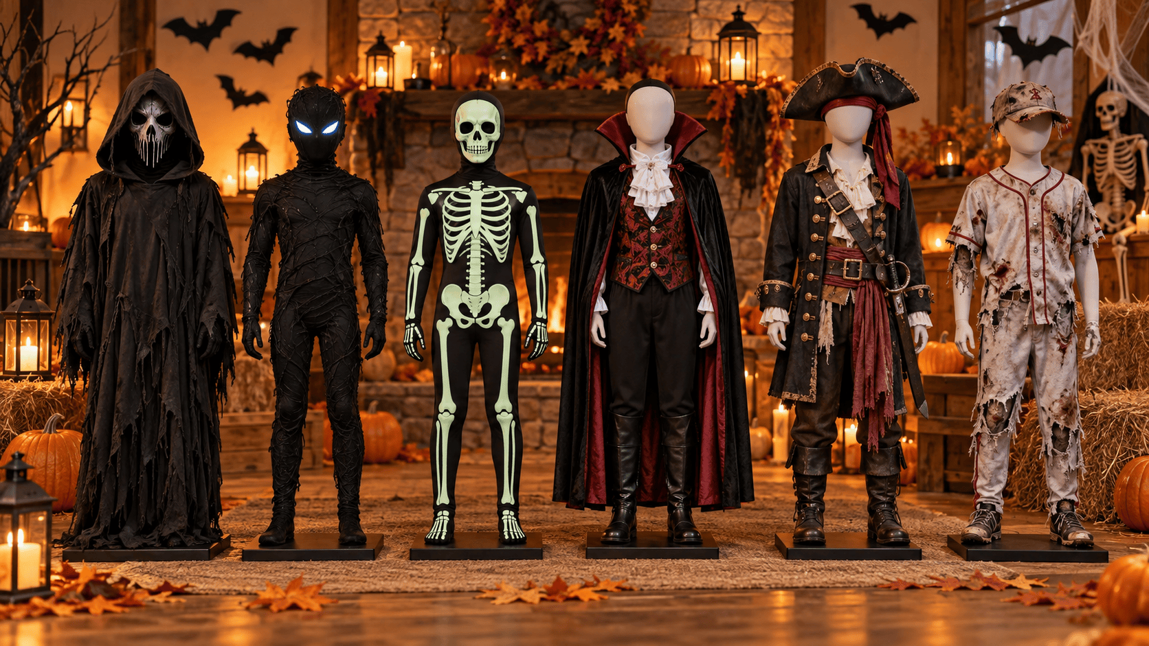 Halloween costumes for 12 year olds displayed on mannequins in six different styles