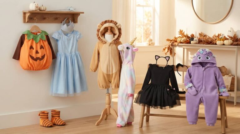 Halloween costumes for 3 year old girls including pumpkin, princess, lion, unicorn, black cat, and monster styles