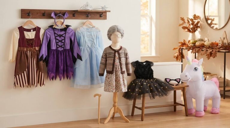 Halloween costumes for 4 year old girls including princess, bat vampire, unicorn, pirate, black cat, and funny old lady styles