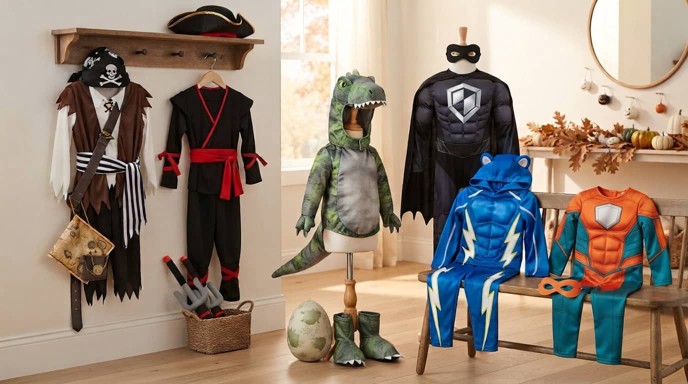 Halloween costumes for 5 year old boys including superhero, dinosaur, ninja, and pirate styles
