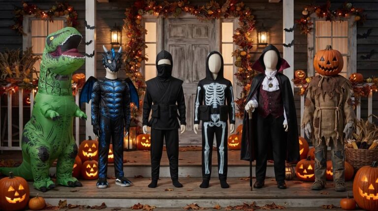 Halloween costumes for 6 year old boys displayed on mannequins on a spooky Halloween porch