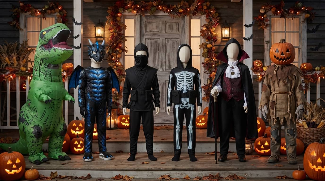 Halloween costumes for 6 year old boys displayed on mannequins on a spooky Halloween porch
