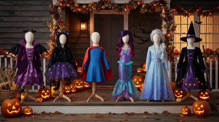 Halloween costumes for 6 year old girls displayed on mannequins on a spooky Halloween porch