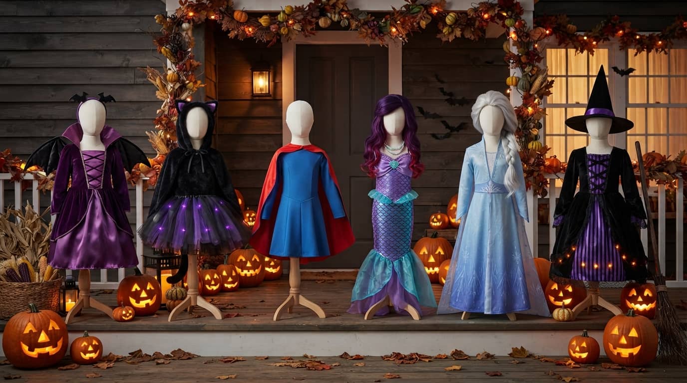 Halloween costumes for 6 year old girls displayed on mannequins on a spooky Halloween porch