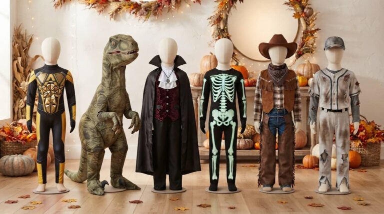 Halloween costumes for 7 year old boys displayed on mannequins in six different styles