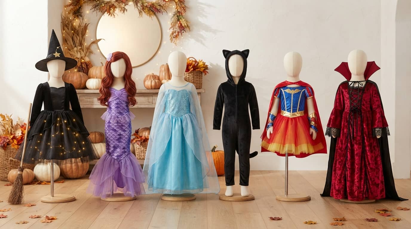 Halloween costumes for 7 year old girls displayed on mannequins in six different styles
