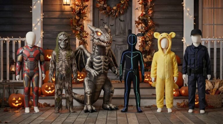 Halloween costumes for 8 year old boys displayed on mannequins on a spooky Halloween porch