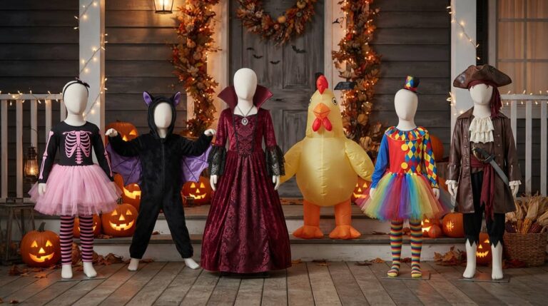 Halloween costumes for 8 year old girls displayed on mannequins on a spooky Halloween porch