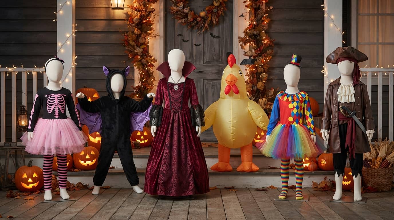 Halloween costumes for 8 year old girls displayed on mannequins on a spooky Halloween porch