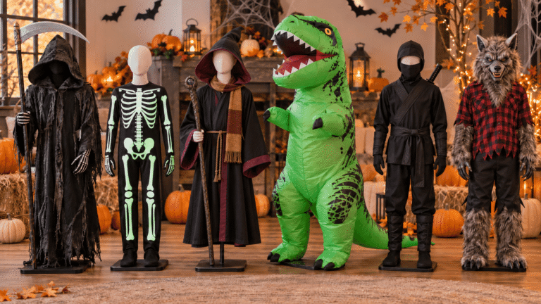 Halloween costumes for 8 year olds displayed on mannequins in six different styles