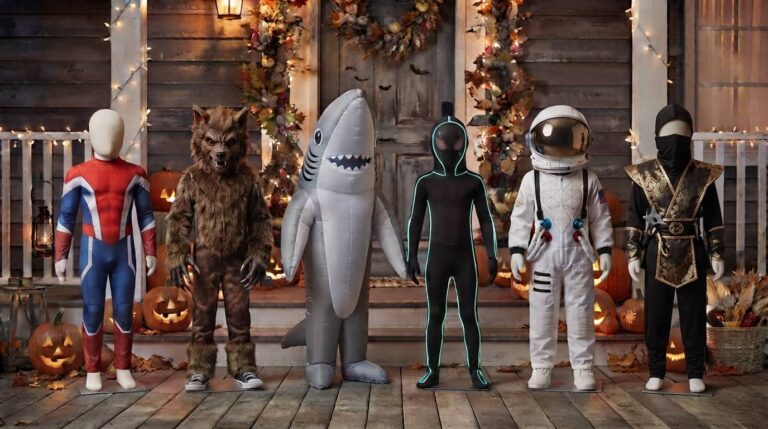 Halloween costumes for 9 year old boys displayed on mannequins on a spooky Halloween porch
