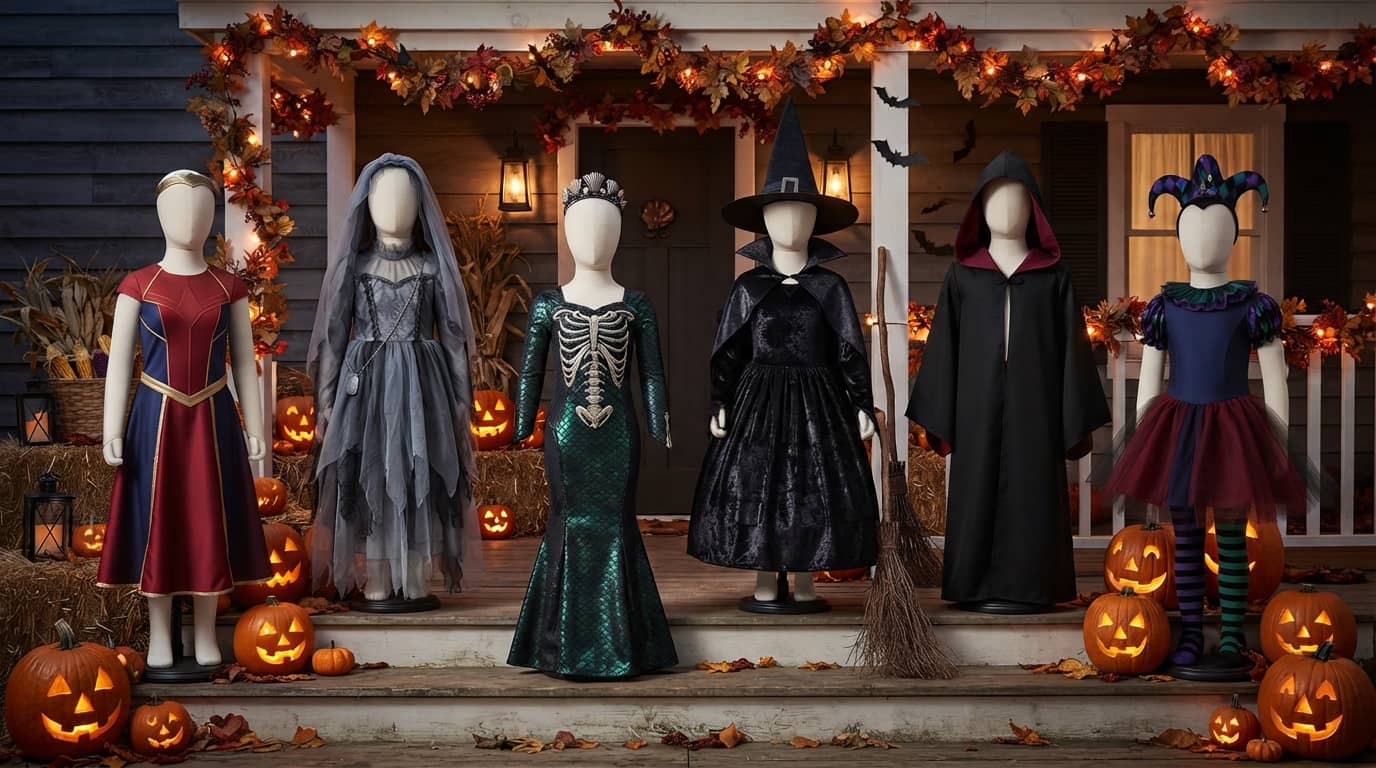 Halloween costumes for 9 year old girls displayed on mannequins on a spooky Halloween porch