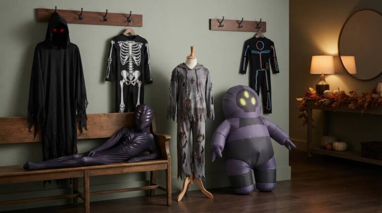 Halloween costumes for middle school boys including skeleton, light-up stick figure, zombie, Grim Reaper, horror, and inflatable styles