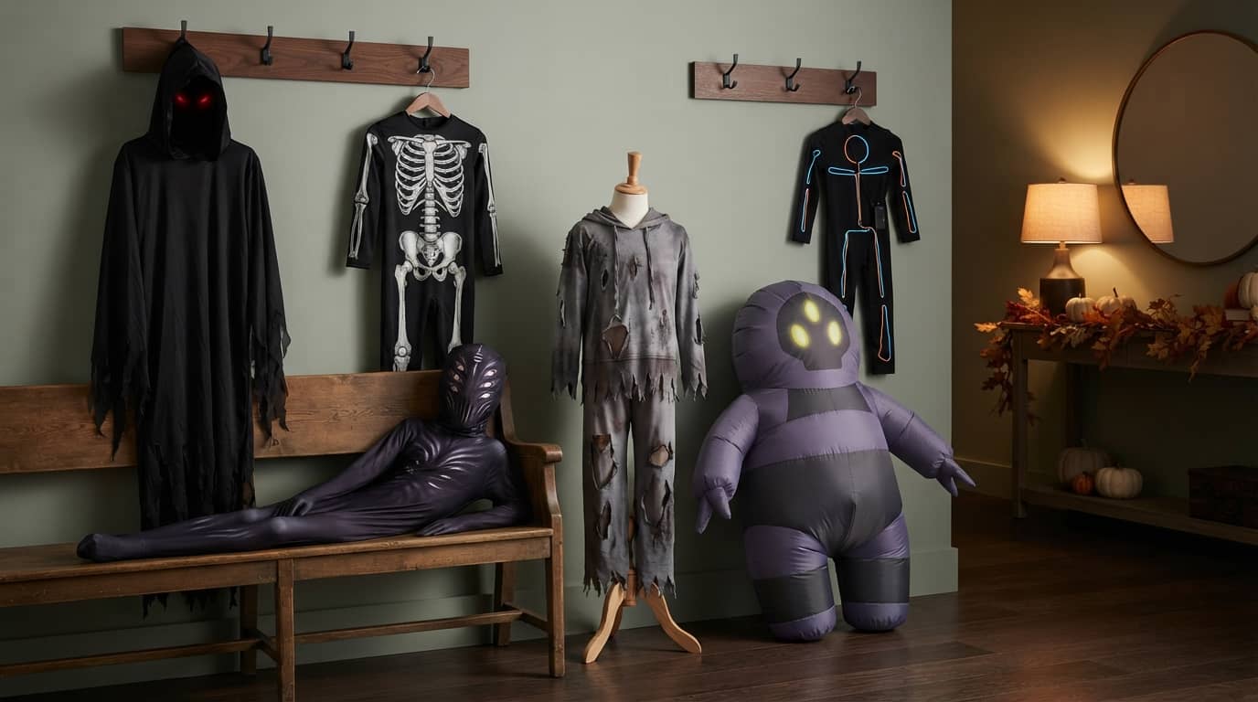 Halloween costumes for middle school boys including skeleton, light-up stick figure, zombie, Grim Reaper, horror, and inflatable styles